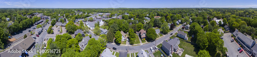Aerial view of Medfield historic town center and Maine Street panorama in summer, Medfield, Boston Metro West area, Massachusetts, USA.