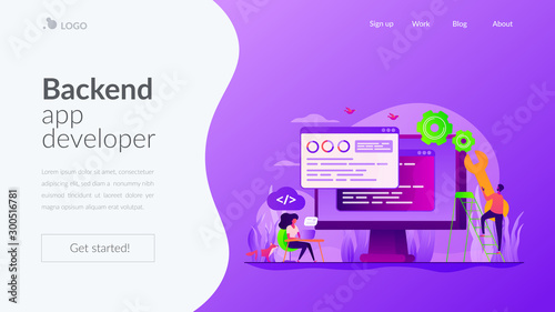 Programming and coding, website, webpage optimization. Back end development, software development process, backend app developer concept. Website homepage header landing web page template.