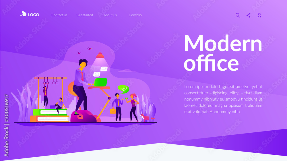 Activity, sporty breaks in company. Work life, health balance. Fitness-focused workspace, health-conscious workspace, modern office concept. Website homepage header landing web page template.