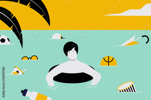 Man swimming on swim ring in the sea among plastic trash