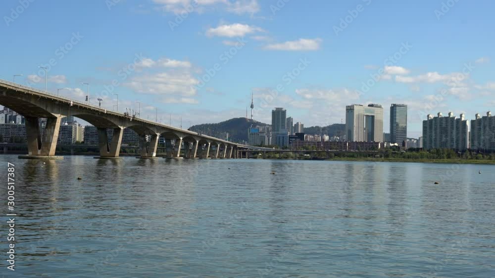 Seoul cityscape with Han river bridge and buildings from Yeouido island Seoul South Korea Seoul cityscape with Han river bridge and buildings from Yeouido island Seoul South Korea
