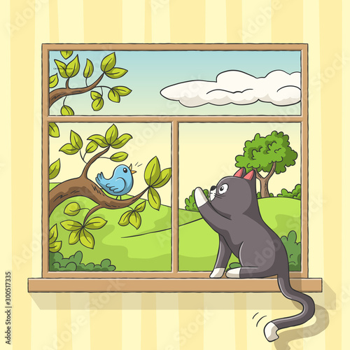 Cat sits at the window and sees a bird. Hand drawn vector illustration with separate layers.