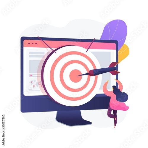 Focus group business research. Data analytics company profitable strategy planning. Dartboard on computer monitor. Corporate goals and achievements. Vector isolated concept metaphor illustration