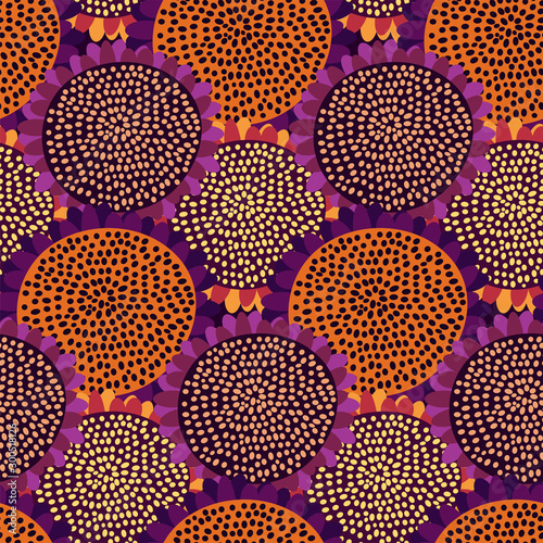 Abstract floral pattern with large fabulous stylized flowers. Creative art print.  Purple, orange sunflowers. Elegant template for fashion prints, Wallpaper...Seamless vector hand-drawn texture.