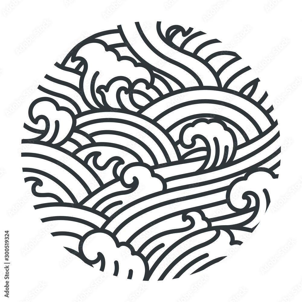 Water wave oriental style illustrate vector. Traditional line art