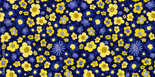 Simple cute pattern c small yellow and blue flowers on dark background. Floral seamless background. Ditsy print. The elegant the template for fashion prints. Vector illustration. 
