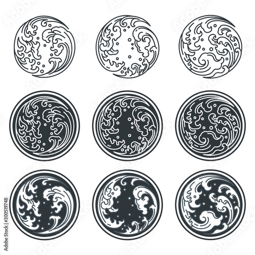Oriental water wave in Yin Yang circle shape. Outline and filled with gray. Symbolic of opposite. For concepted by Thai, Japanese, Chinese believable.