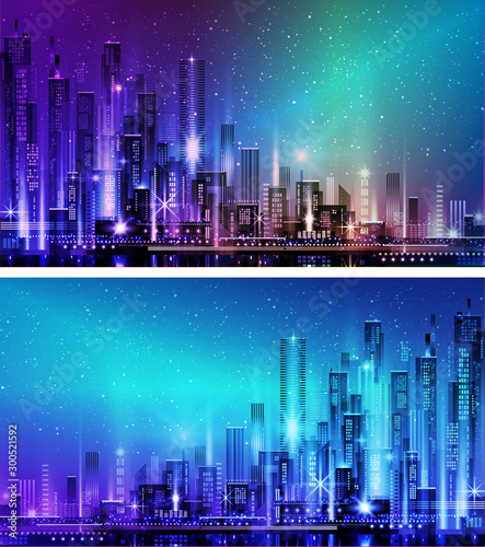 Vector night city illustration with neon glow and vivid colors.
