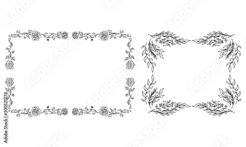 Tropical hand drawn floral frames. Outline set. Jungle foliage illustration. Floral set. Hand drawing. Vector isolated collection. Natural spring wedding card. Summer tropical leaf. Botanical frames