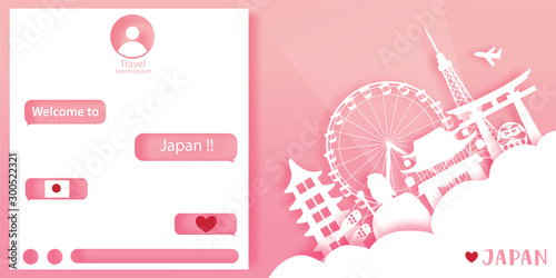 Tokyo, Japan Travel postcard , poster, tour advertising of world famous landmarks in paper cut style.