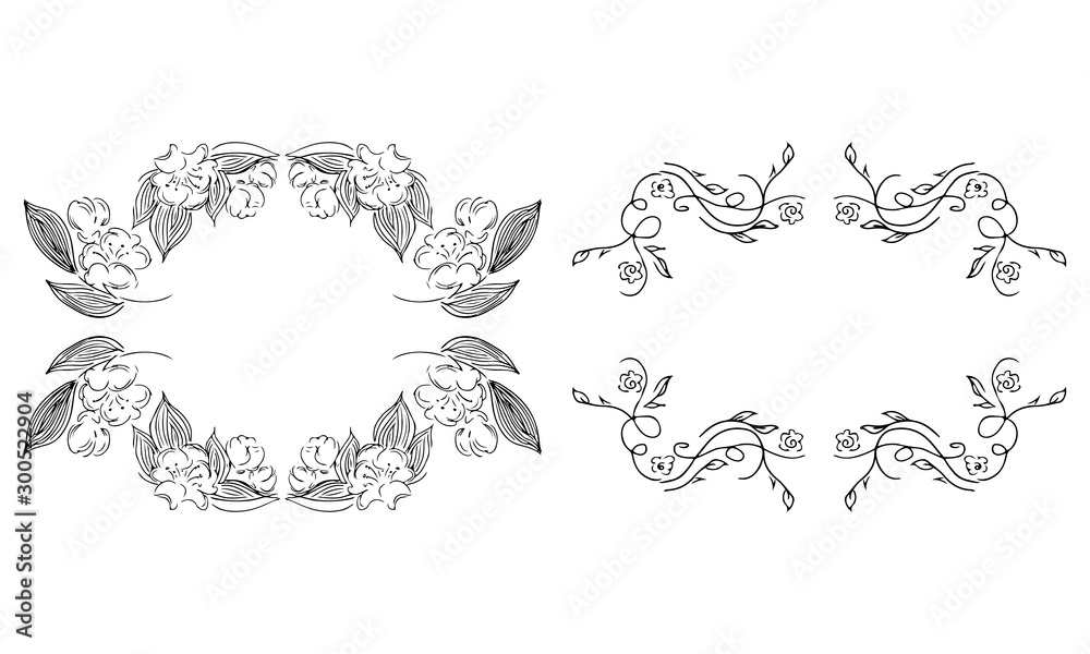 Tropical hand drawn floral frames. Outline set. Jungle foliage illustration. Floral set. Hand drawing. Vector isolated collection. Natural spring wedding card. Summer tropical leaf. Botanical frames Tropical hand drawn floral frames. Outline set. Jungle foliage illustration. Floral set. Hand drawing. Vector isolated collection. Natural spring wedding card. Summer tropical leaf. Botanical frames