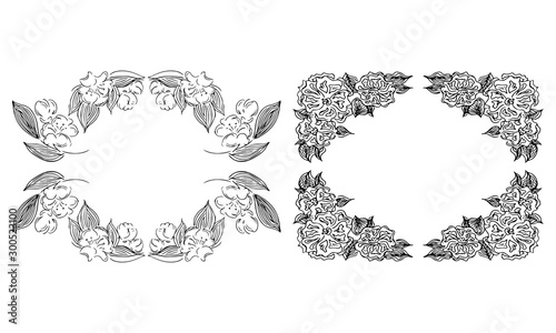 Tropical hand drawn floral frames. Outline set. Jungle foliage illustration. Floral set. Hand drawing. Vector isolated collection. Natural spring wedding card. Summer tropical leaf. Botanical frames