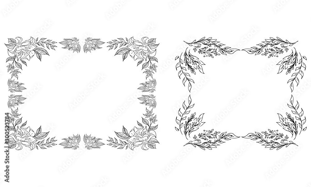 Tropical hand drawn floral frames. Outline set. Jungle foliage illustration. Floral set. Hand drawing. Vector isolated collection. Natural spring wedding card. Summer tropical leaf. Botanical frames Tropical hand drawn floral frames. Outline set. Jungle foliage illustration. Floral set. Hand drawing. Vector isolated collection. Natural spring wedding card. Summer tropical leaf. Botanical frames