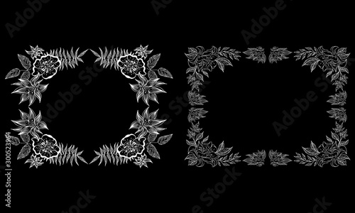 Tropical hand drawn floral frames. Outline set. Jungle foliage illustration. Floral set. Hand drawing. Vector isolated collection. Natural spring wedding card. Summer tropical leaf. Botanical frames