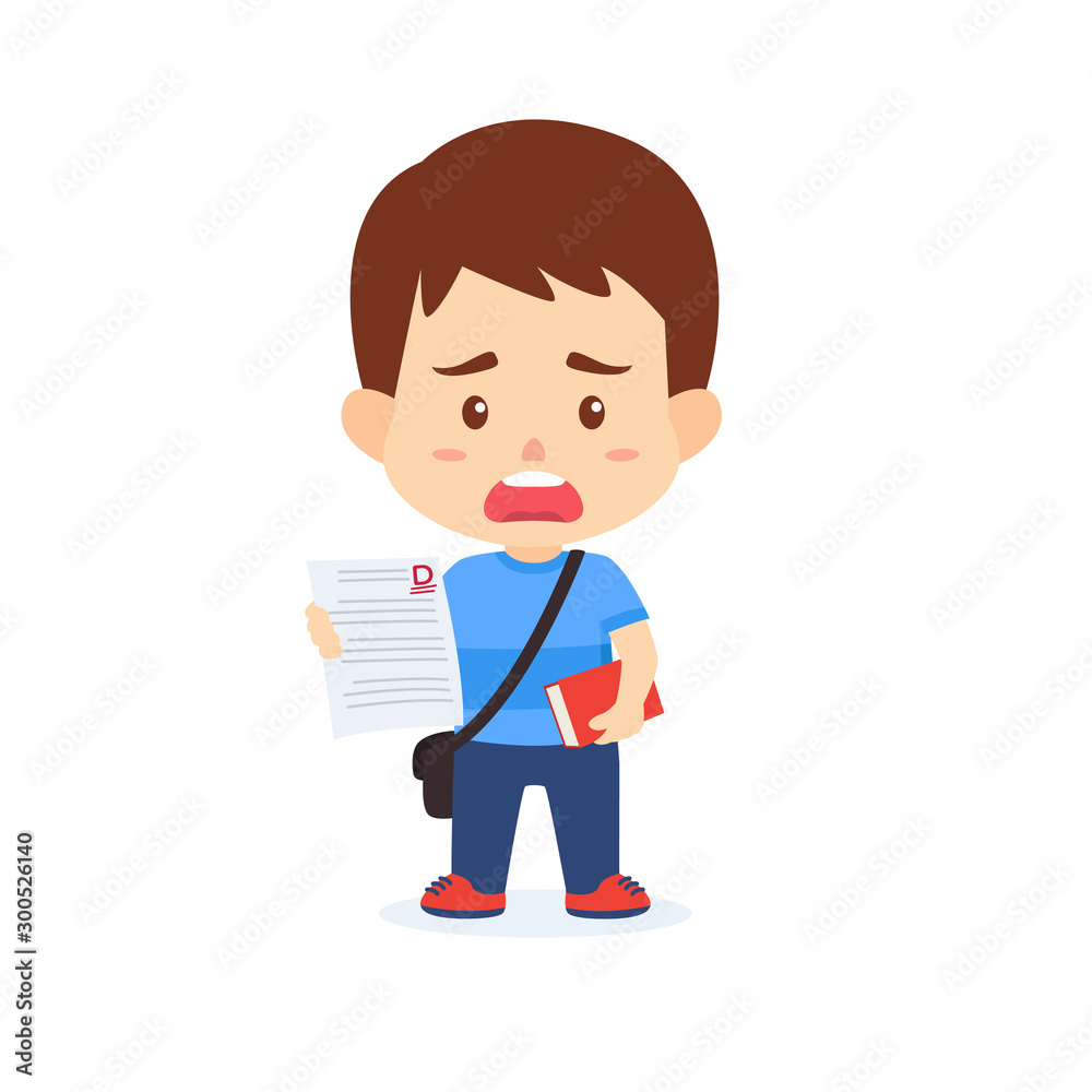 Boy kids sad showing bad grades examination result cartoon vector illustration isolated background