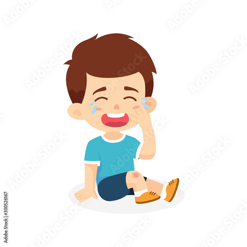 Boy kids crying get painful wounded leg knee scratch  cartoon vector illustration isolated background