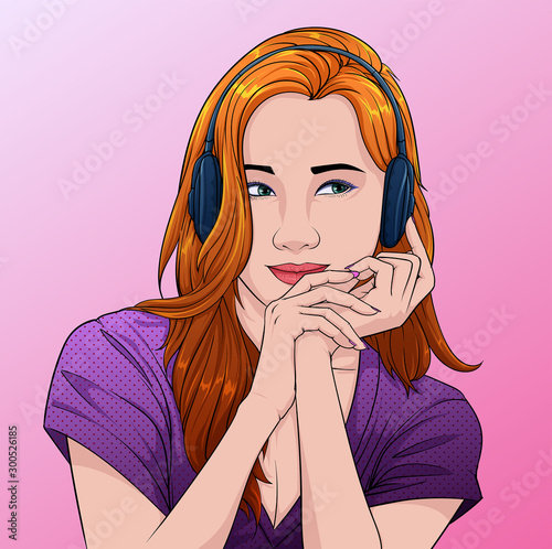 Beautiful women listen to music from headphones Illustration vector On pop art comics style Abstract pink background