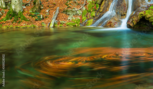 Fototapeta Naklejka Na Ścianę i Meble -  Brigth and warm colors and a beautiful stream and waterfalls in a wild mountain location in autumn