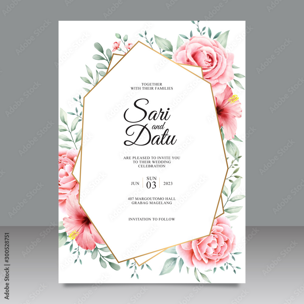 Obraz premium Geometric wedding invitation with flowers and leaves