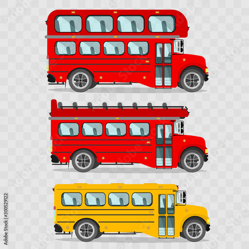  Set of buses. Red double-decker bus, Red double-decker bus without roof, Yellow school bus, London buses. Vector