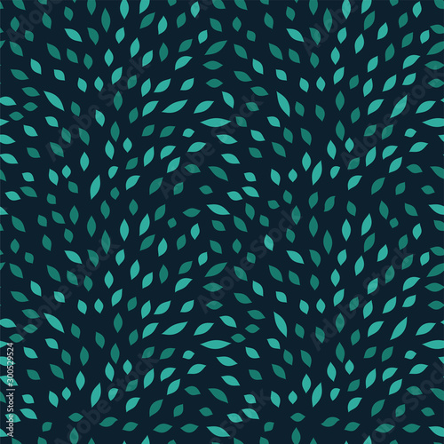 Elegant seamless print with small green leaves on a dark background. Floral pattern. Hand-drawn texture of foliage. Perfect template for your design. Vector.
