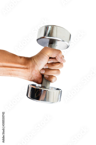 Men hand holding a dumbbell isolated on white background, with clipping path. photo