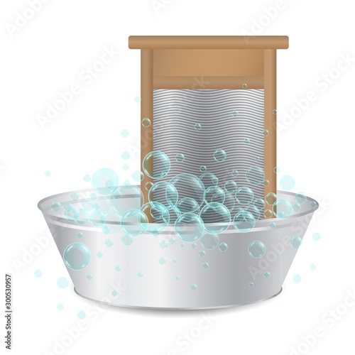Vector realistic ribbed hand washboard in metal basin for washing with soap bubbles isolated on white background. Laundry or hausework concept. 3D illustration.