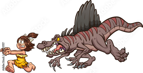 Angry cartoon spinosaurus dinosaur chasing a cave woman clip art. Vector illustration with simple gradients. Each on a separate layer. 