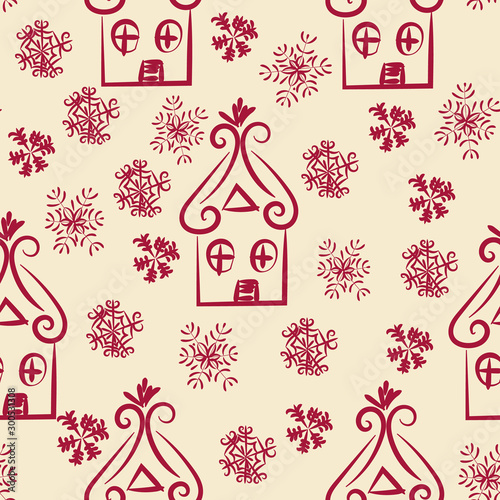 A seamless vector pattern with doodle houses and snowflakes. Simple naive surface print design. Suitable for backgrounds, textiles, cards and gitf wrap. photo