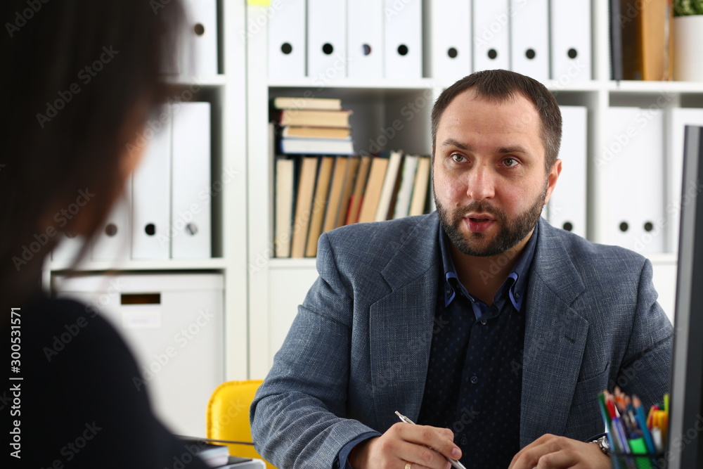 businessmen have a discussion woman give interview to manager would like to get new job businessmen have a discussion woman give interview to manager would like to get new job