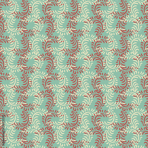 A seamless vector pattern with two colores of leaveson a mint green background. great for textiles  stationery and chistmas cards.