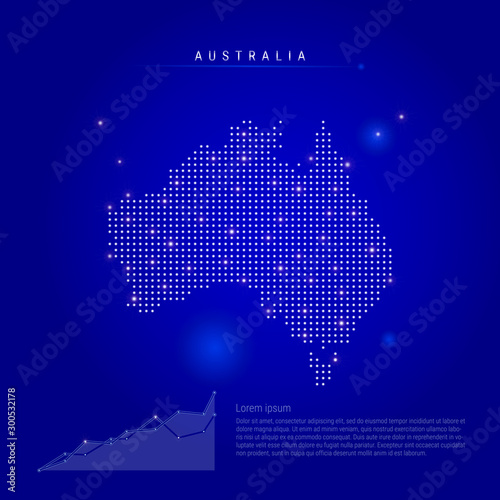 Australia illuminated map with glowing dots. Dark blue space background. Vector illustration