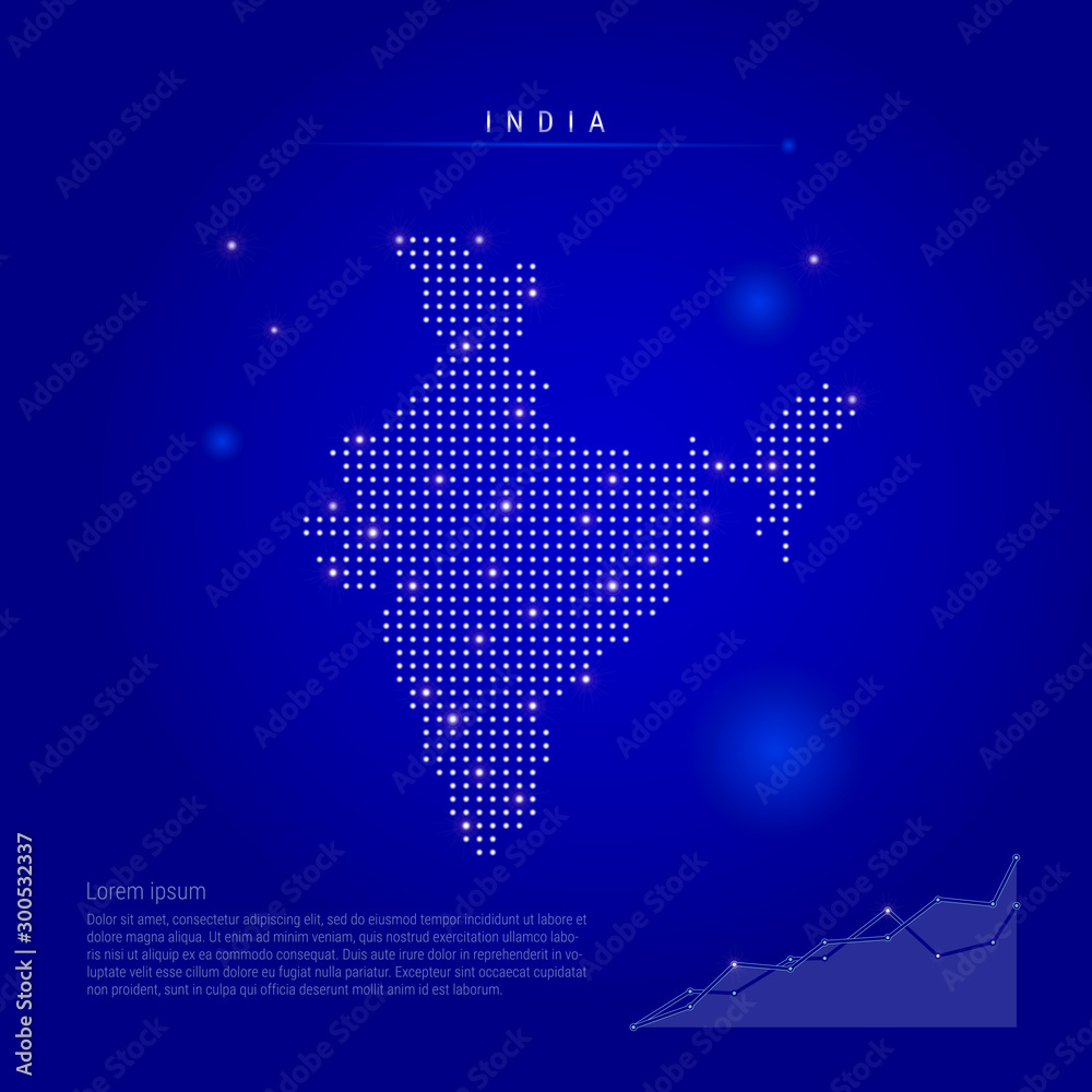 India illuminated map with glowing dots. Dark blue space background. Vector illustration