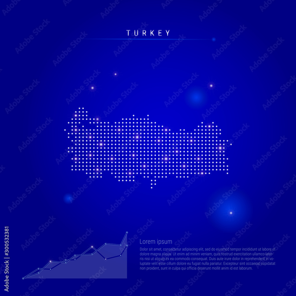 Turkey illuminated map with glowing dots. Dark blue space background. Vector illustration