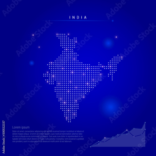 India illuminated map with glowing dots. Dark blue space background. Vector illustration