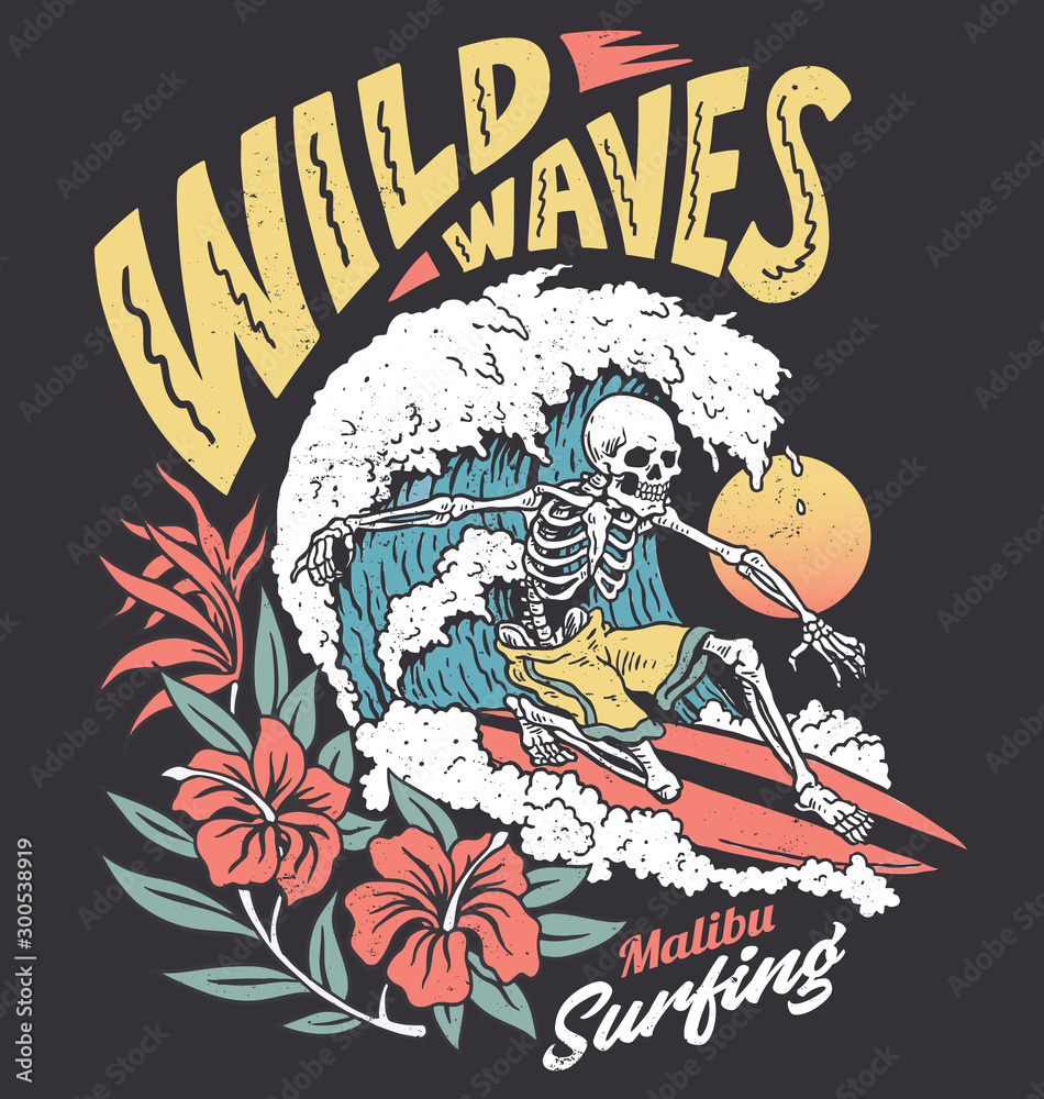Vintage graphic of a surfing skeleton with hibiscus flowers