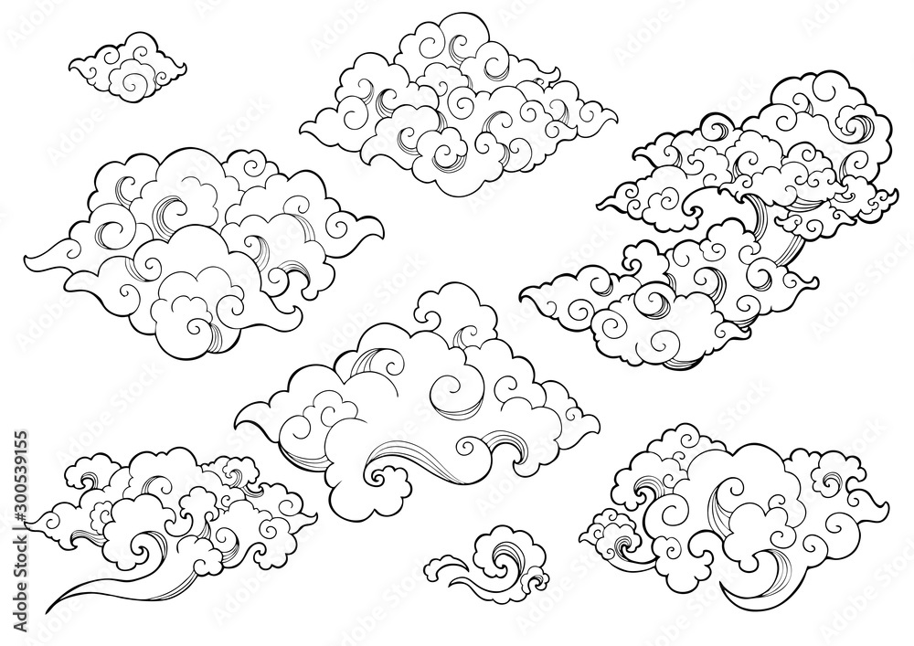 Vecteur Stock Oriental Cloud or Japanese Cloud or Chinese Cloud doodle hand  drawing style set object clip art vector with white background | Adobe Stock