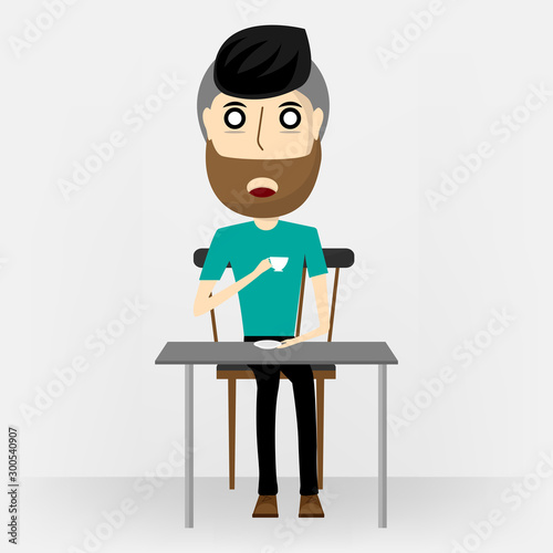 The bearded man sitting at table and drink a lot of coffee while waiting for queue. It make his unable to close the eyes isolated on background. Vector illustration in cartoon character flat style. 