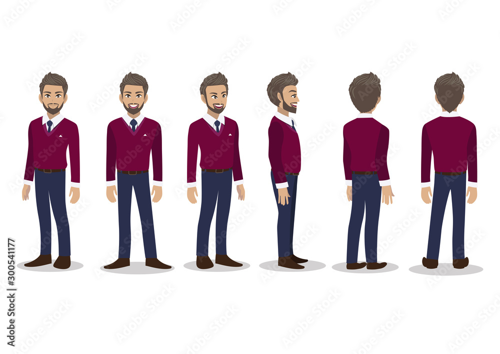 Obraz premium Businessman in fall casual with purple sweater shirt cartoon character animation set. Front, side, back, 3-4 view character. Flat icon design vector