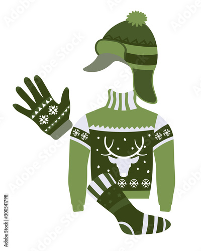 Winter accessories and knitwear with festive print in green color