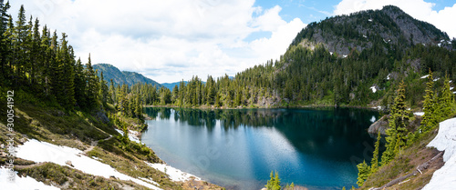 Panoramic view of mountain lake landscape with blue sky and clouds
