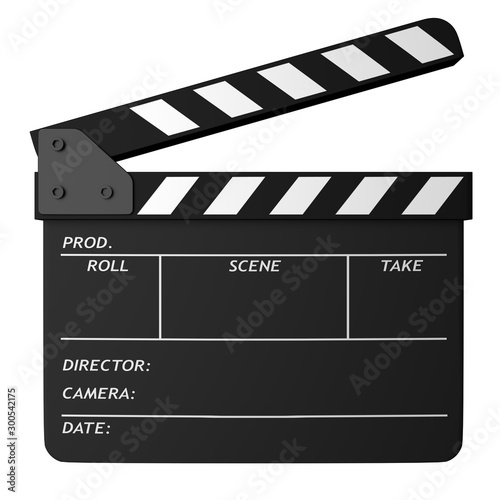 Open black clapper board isolated on white photo