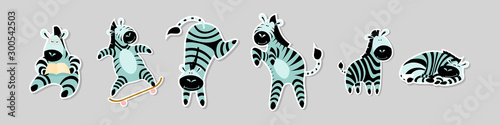 Set of stickers with funny zebras in different situations. Collection of labels with cute cartoon african animals isolated on grey background.