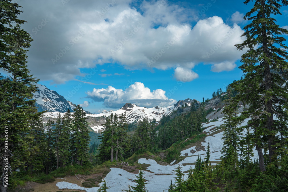 Panoramic view of snowcapped mountains and valley landscape with blue sky and clouds. Mt Shuksan, Mt Baker, Washington, USA