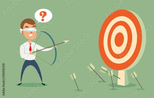 Blindfolded businessman shooting arrow. Missed the target.