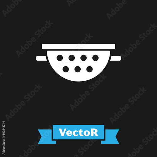 White Kitchen colander icon isolated on black background. Cooking utensil. Cutlery sign. Vector Illustration