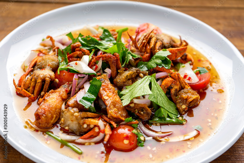 yum , salad,Three Crispy Salad, spicy salad ,Deep-fried shrimp head and fried crab to make salad. yum , salad,Three Crispy Salad, spicy salad ,Deep-fried shrimp head and fried crab to make salad.