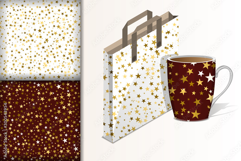 Two christmas seamless patterns, Bag and cup and mockup with stars on white  and brown background Concept for design of fabric and paper for printing  Stock Vector | Adobe Stock