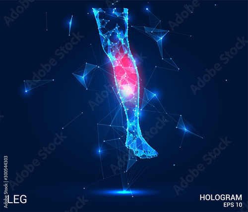 Hologram leg. Leg pain from polygons, triangles of dots and lines. Foot is a low poly joint structure. The technology concept.