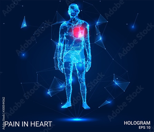 Hologram man. Pain in the heart of polygons, triangles of points and lines. Health low poly compound structure. The technology concept.